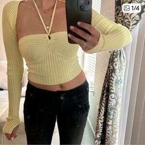 American Eagle Outfitters Light Yellow Ribbed Crop Top with matching shrug